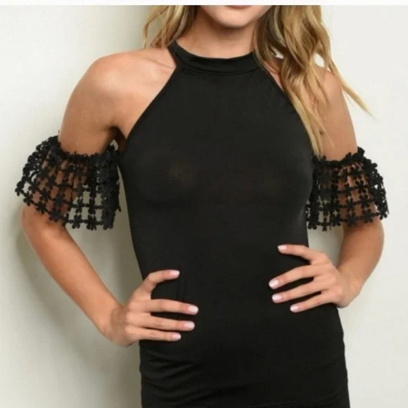 25. One by One Black Top with Lace Sleeve - Picture 1 of 2